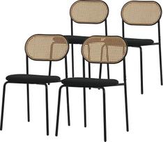 ML-Design Valgomojo kėdės, 4 vnt., juodos spalvos, virtuvės kėdės su rotango atlošu, minkštos kėdės su išlenkta tinklelio nugarėle, rotango kėdės su plieninėmis kojomis, minkštos kėdės, akcentinės kėdės valgomajam, virtuvei
