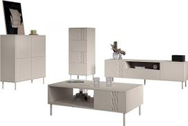 Mirjan24 Toderko I svetainės kambario komplektas, svetainės spintelė, sieninė panelė, metalinės kojelės, atidaroma "Push to Open", komplekte: 2 x komoda, televizoriaus staliukas, kavos staliukas (smėlio spalvos)