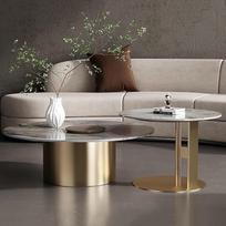 Moderner, runder Couchtisch-Set mit Marmorplatte und goldfarbenem Metallfuß, Mid-Century-Design für Wohnzimmer und Empfangszentrum