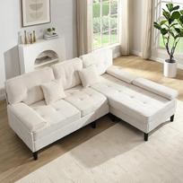 Modulinė L formos kampinė sofa iš šenilo, 3 vietų sofa-lova su šezlongu ir kojūgaliais, sofa mažiems butams, pilka (šviesiai smėlio spalvos-B, 3 vietos)
