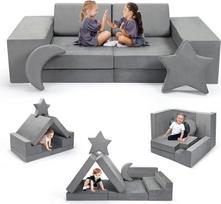 Modulinė vaikiška žaidimų sofa, 9 putplasčio statybiniai blokeliai, vaikiška sofa, "pasidaryk pats", daugybė sofos kombinacijų, sulankstoma, žvaigždžių ir mėnulio moduliai, tinka miegamajam ir vaikų žaidimų kambariui (pilka)
