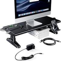 Monitoriaus stovas su 6 USB C 3.0 šakotuvais, reguliuojamo aukščio monitoriaus stovas, stalinis monitoriaus stovas su mobiliojo telefono laikikliu, ekrano stovas nešiojamajam kompiuteriui, kompiuteriui, kompiuteriui, televizoriui (juodas)