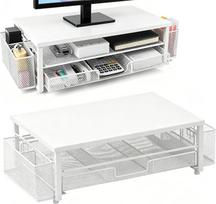 Monitorständer mit Schublade, 2 stalviršiai kompiuterio monitoriui su Schublade ir 2 laikikliais, Schreibtischorganizer und Zubehör, Ergonomischer Desktop Ständer für Büro Zubehör (Weiß)