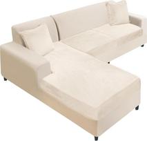 NAISI Sekcinės sofos dangtelis Velvetas Atskiras sofos pagalvių dangteliai L formos minkšti tempimo sofos dangteliai su 2 pagalvių užvalkalais kairiojo/dešiniojo šezlongo salonui (2 sėdimos vietos + 1 šezlongas, smėlio spalvos)