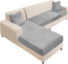 NAISI Sekcinės sofos dangtelis Velvetas Atskiros sofos pagalvėlės apima L formos minkštus tempimo sofos dangtelius su 2 pagalvių užvalkalais kairiojo/dešiniojo šezlongo salonui (3 sėdimos vietos + 1 šezlongas, šviesiai pilka)