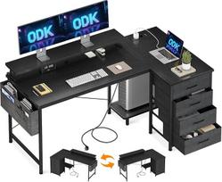ODK L formos rašomasis stalas su stalčiais, 140 x 80 cm kampinis rašomasis stalas su USB įkrovimo prievadu ir lizdu, L formos rašomasis stalas su monitoriaus lentyna, skirtas namų biurui, juodas