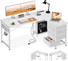ODK Bianco kampinis rašomasis stalas su 4 stalčiais, 135 x 100 cm L formos rašomasis stalas su kištukiniu lizdu ir USB įkrovimo prievadu, apverčiamas rašomasis stalas su laikymo vieta namų biurui