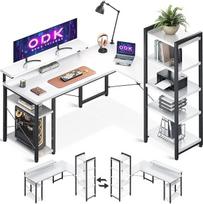 ODK Rašomasis stalas "L" formos 137 x 140 cm, kampinis rašomasis stalas namų biurui, modernus žaidimų stalas su integruota lentynų sistema, baltos spalvos