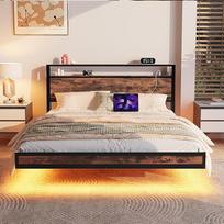Plaukiojantis lovos rėmas "King Size" su įkrovimo stotele ir LED žibintais, medinis galvūgalis su lentynomis, tvirtos metalinės lentjuostės, nereikalinga spyruoklė, be triukšmo, lengvai surenkamas