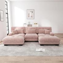 Prabangi modulinė kampinė sofa - padidinto dydžio U raidės formos sofa su debesimis gyvenamajam kambariui, gilios sėdynės, konvertuojama sofa-lova su ottomanu (rožinė + 3 sėdimos vietos)