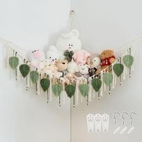 Pretty Jolly Macrame Stuffed Animal Hammock with Beads, Hand Woven Leaf Tassels Corner Hanging Net, Boho Plush Holder for Toy Nursery Nursery Decoration Organizer for Girls Gift