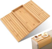 RANJIMA Sofatablett Armlehne aus Bambus faltbares Sofa Tablett Couch Ablage rutschfestes Armlehnentablett mit Getränkehalter für Snacks Handy Tassen praktische Sofahilfe Wohnzimmer Organizer