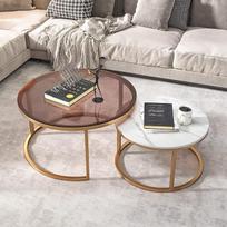 Set mit 2 modernen Couchtischen, groß, rund, gehärtetes Glas und Schieferplatte, kleiner Sofatisch, stabiler Metallrahmen, perfekt für Wohnzimmer, Akzentdekoration