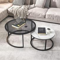 Set mit 2 stapelbaren Couchtischen, groß, rund, gehärtetes Glas und Schieferplatte, kleiner runder Sofatisch, stabiler Metallrahmen, moderner Akzent für Wohnzimmer-Dekor