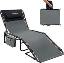 Šezlongas Camping Lounger Sulankstomas 5 lygių reguliuojamas atlošas Lauko sodo gultas Beach Lounger Camping Bed Sulankstomas gultas su nuimamu vėsiu maišeliu pagalvėle 190 x 59 cm Grey