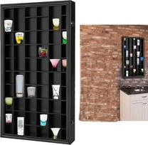 Shot Glass Display Case Solid Wood Cabinet with Lockable Door Wine Cup Storage Box with Removable Shelves Wall Mounted Large Wooden Cabinet for Home and Business (Black, 46 Grids)