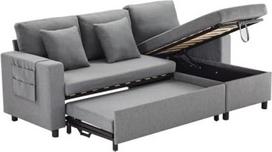 Šiuolaikinė kampinė sofa-lova su miego funkcija ir laikymo vieta, 3 sėdimų vietų L formos sofa-lova su kišeniniu puodelio laikikliu, skirta svetainei, kairysis ir dešinysis keičiami šezlongai (tamsiai pilka)