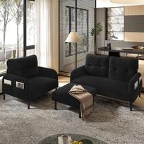 Smėlio spalvos 3 dalių modulinis sofos komplektas: Ergonomiška 2 vietų sofa-lovelė ir osmanas su šoninėmis kišenėmis, tvirtas metalinis rėmas, skirtas svetainei, patogumui ir stiliui