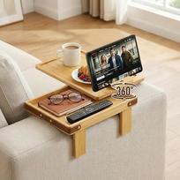 Sofa Armlehne Tablett mit Bambus - 14.0 cm - 24.9 cm Verstellbarer Coucharmtisch mit 360° drehbarem Telefonhalter und verstecktem Aufbewahrungsfach für Snacks, Getränke, Fernbedienung (Natur)