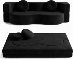 Sofa be kaulų, išskleidžiama sofa-lova svetainei, suspaustas dvivietis minkštasuolis su didelio tankio putomis, nuimamas medžiaginis užvalkalas, neremontuojama, 2 pagalvėlės (juoda, 150 x 100 cm)