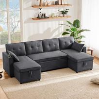 Sofa su miego funkcija, 4 vietų sofa-lova, sofa-lova, kampinė sofa, U formos poilsio kėdė su daiktadėže, sofa-lova su gėrimų laikikliu, sofa-lova minkšti baldai, medvilniniai ir lininiai audiniai, pilka spalva