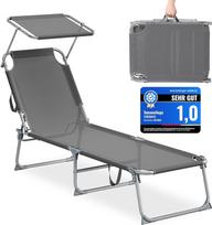 SONGMICS sulankstomas gultas nuo saulės, 189 x 53 x 28,5 cm, sodo gultas, maksimali apkrova 110 kg, reguliuojamas skydelis nuo saulės ir atlošas, terasinis krėslas, skirtas terasai, balkonui, pilkas GCB194GZ02