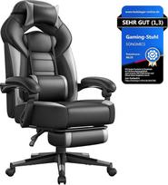 SONGMICS žaidimų / biuro / rašomojo stalo kėdė, su kojų atrama, ergonomiškas dizainas, reguliuojamas galvos atramos atlošas, juosmens atrama, maksimali apkrova 150 kg, juoda / pilka, OBG77BG