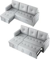 SONNI sofa, kampinė sofa, 203 x 132 x 88 cm, sofa-lova su miego funkcija, 3 vietų sofa, sofa-lova, sofa su lovos dėže, šoninė kišenė, kačių letenų oda, idealiai tinka svetainėms, šviesiai pilka