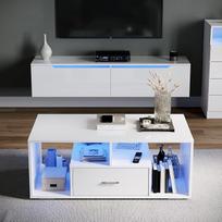 SONNI kavos staliukas su stalčiumi, daiktadėže ir LED apšvietimu (galima pasirinkti 16 spalvų), reguliuojamos lemputės, sofos staliukas/šalutinis staliukas, blizgus baltas, 100 x 55 x 40 cm