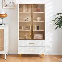 Stiklinė vitrina su dvejomis durimis - balto aukso kojelės, kilnojamos lentynos, vitrina su LED apšvietimu, svetainės spinta, aukšta spinta, stovinti stiklinė vitrina, 70 x 35 x 150 cm (A)