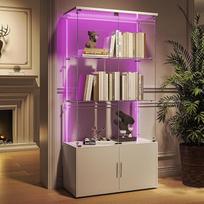 Stiklinė vitrina su LED apšvietimu, 4 sluoksniai ir 2 užrakinamos durys, moderni medinė ir stiklinė vitrina kolekcionieriams, knygoms ir vynui (balta, 4 durys, 4 sluoksniai LED šviesos juosta)