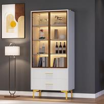 Stiklinė vitrina su LED apšvietimu, 70 x 35 x 150 cm, arbatinio stiklo durys, auksinės kojelės, reguliuojamos lentynos ir stalčiai, elegantiška, moderni stovinti vitrina svetainei ir biurui