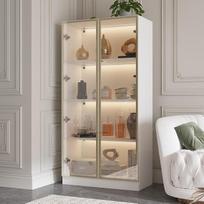 Stiklinė vitrina su stiklinėmis durelėmis ir apšvietimu, stovinti stiklinė vitrina su 4 lygių lentynomis, "Pop-up" dizainas, balta vitrina, grūdintas stiklas (vienguba 40 D x 160 Š x 80 V cm)