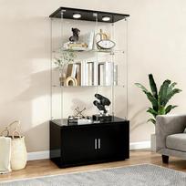 Stiklinė vitrina 3 lentynų vitrina su LED lemputėmis, užraktu ir paslėpta saugykla miegamajame ir svetainėje (juoda, 78,5 x 35 x 164 cm)