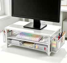 Stovas monitoriui su stalčiumi ir 2 rašiklių laikikliais, ergonomiškas monitoriaus stovas ekranui ir nešiojamajam kompiuteriui, stalinis stovas biuro reikmenims, nešiojamojo kompiuterio laikiklis su ventiliacija (baltas)