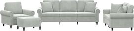 Šviesiai pilkos spalvos aksomo sofos komplektas su 1 foteliu, 2 ir 3 sėdimų vietų sofa, kojūgalis - svetainė, skaitymo kampelis, poilsio zona - 100% poliesteris, plienas, medis - 212 cm Modelis3202200