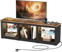 Televizoriaus spintelė, 160 cm ilgio, su RGB LED apšvietimu ir kištukiniais lizdais, televizoriaus spintelė su nuimama stikline lentyna, atvira laikymo erdvė, skirta svetainei, miegamajam, juoda, vintažinė, ruda