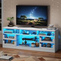 TV spintelė televizoriui iki 65 colių, televizoriaus lentyna su LED apšvietimu ir maitinimo juosta, TV stovas su 4 stikliniais stalčiais, TV spintelė, TV lenta svetainei, valgomajam, miegamajam, balta