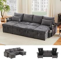 U formos kampinė sofa-lova su ištraukiama svečių lova, moderni 4 vietų sofa su laikymo vieta, gėrimų laikikliu ir miego funkcija, šezlongas, 150 kg, patogi, didelė (Grey-D, 4 vietos)