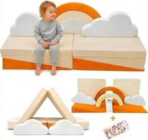 Vaikiška žaidimų sofa - 11 dalių modulinė vaikiška sofa 140 x 65 x 63 cm, velveto užvalkalas, nepraleidžiantis vandens, 25D PU putos, žaidimų sofa vaikų kambariui, CE EN71 ir Oeko-Tex, vaikiška sofa su lipduku Dovana