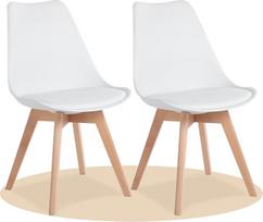 Valgomojo kėdės, virtuvės kėdės su ergonomišku atlošu, paminkštinta sėdyne ir buko masyvo kojomis (baltos spalvos, 2 kėdės)