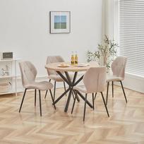 Valgomojo komplektas stalas ir kėdės, 100 cm apvalus valgomojo stalas ir 4 lininės valgomojo kėdės, 4 kėdės ir stalas virtuvei, valgomajam ir svetainei (chaki-LX, 100 x 100 x 76,5 cm (šviesaus medžio spalva))
