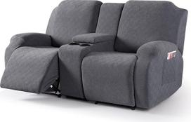 VANSOFY denio kėdės dangtelis su centrine konsole Stretch Sofa Slipcover for 2 Seater Jacquard Recliner Sofa dangteliai Baldų apsauga su elastinga apatine kaklaraiščiais Tamsiai pilka