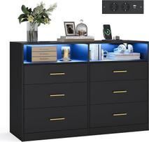 VASAGLE Custos Collection LTS316BC01 Komoda su LED apšvietimu ir maitinimo juosta, stalčius, modernus, svetainė, miegamasis, 6 stalčiai, 40 x 119 x 81,2 cm, rašalo juodos spalvos