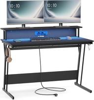 VASAGLE LWD192B02 Žaidimų stalas su integruotu maitinimo šaltiniu, kompiuterio stalas su monitoriaus stovu 2 monitoriams, miegamasis, 60 x 120 x 76 cm, juodas