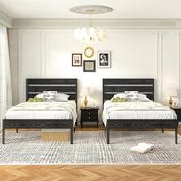 VECELO 2 lovų rėmų rinkinys 90 x 200 cm, viengulės lovos su storu mediniu galvūgaliu ir metaliniu skersiniu rėmu, stabilios ir tylios, su 31 cm talpa, pramoninio dizaino, skirtos miegamajam, juodos spalvos