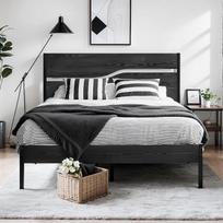 VECELO metalinis ir medinis lovos rėmas 140 x 200 cm, dvigulė lova su medžio efekto galvūgaliu, skersinis rėmas, laikymo vieta, mažai triukšmo, lengvai surenkama, juoda