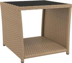 vidaXL šoninis staliukas, kavos staliukas su stikliniu viršumi, vandeniui atsparus sofos staliukas terasoje, sode, kavos staliukas, arbatos staliukas, smėlio spalvos iš poliaratono, akacijos mediena