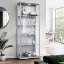 Vitrina su 2 durimis (176 x 67 x 33 cm) - Pagaminta Vokietijoje - Stovinti vitrina Sidabrinė/Aliuminis su 4 reguliuojamo aukščio stiklinėmis lentynomis ir LED - Stovinti stiklinė vitrina