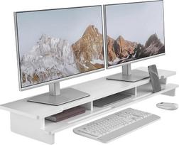 WELL WENG monitoriaus stovas Dvigubas monitoriaus stovas stalui, medinė lentyna stalui su laikymo organizatoriumi ir laikikliu išmaniajam telefonui bei planšetiniam kompiuteriui (108 cm, balta)
